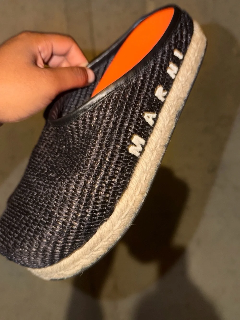 Marni Black Woven Espadrille Mule with Orange Insole
